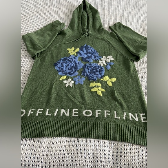 OFFLINE By Aerie Green Floral Rose Print Sweater Hoodie Size Medium - Picture 12 of 14
